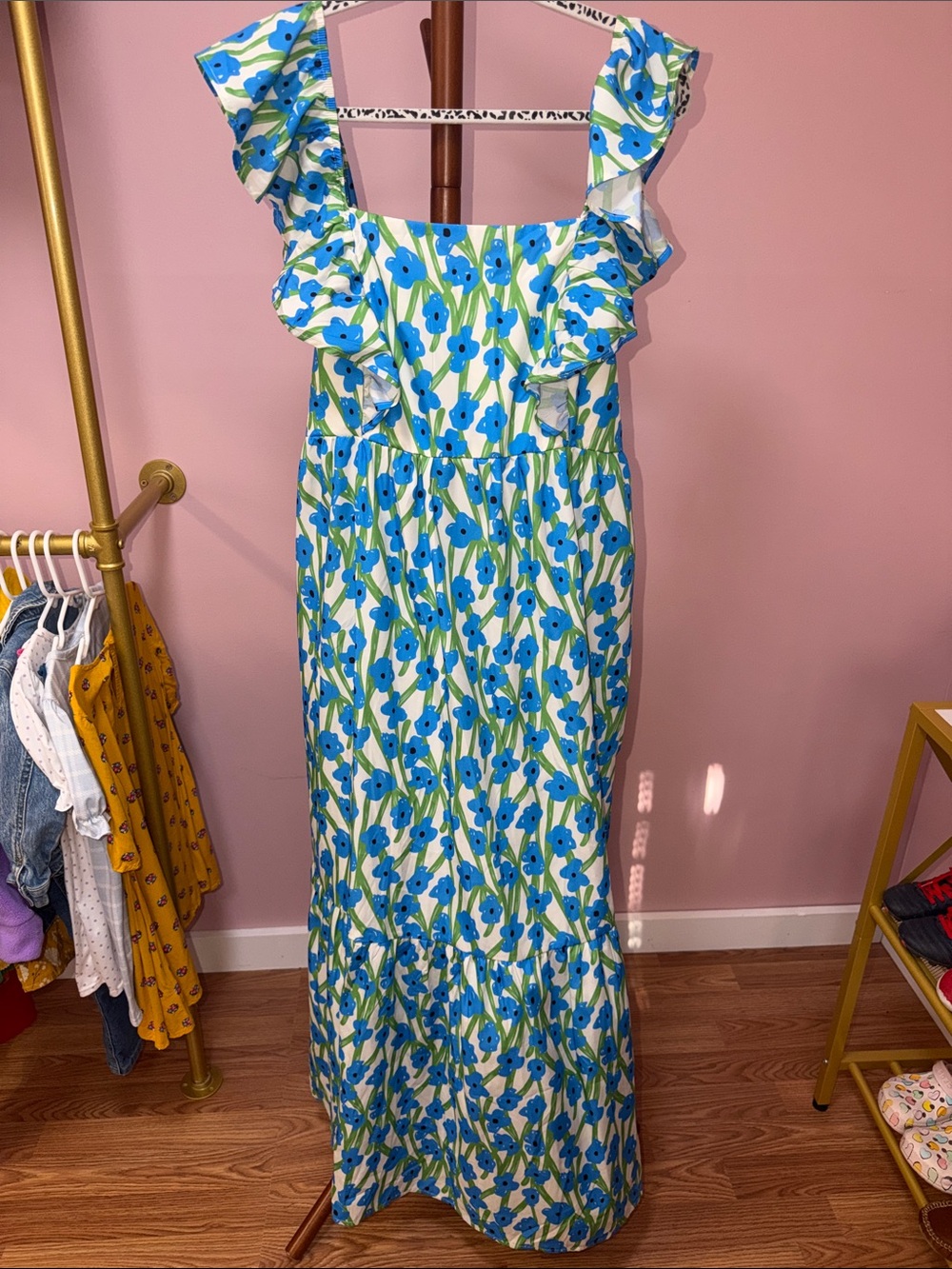 Blue Floral Ruffle Strap Maxi Dress